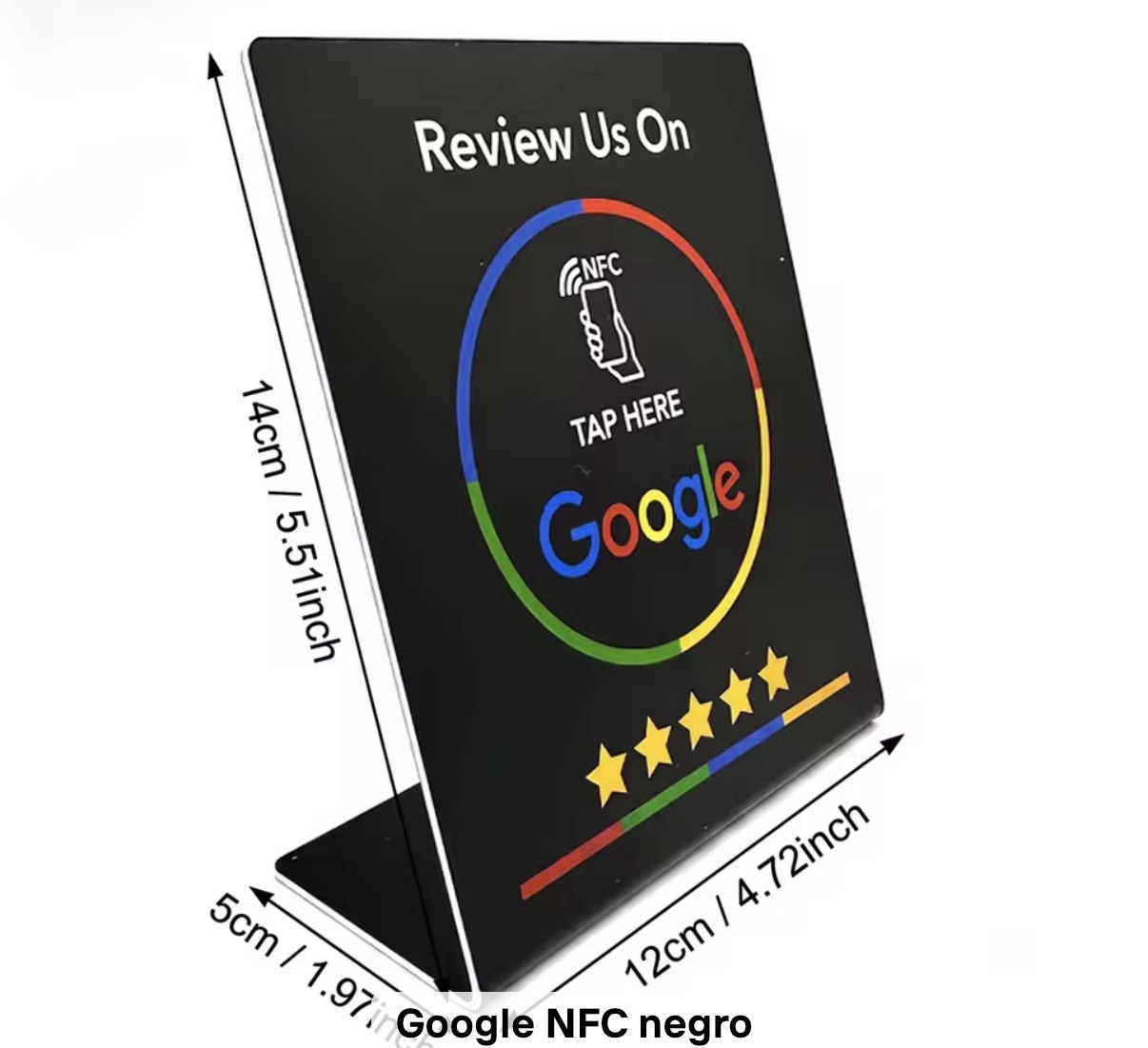 Placa negra para reseñas de Google, modelo solo NFC, precio de 350 pesos mexicanos.