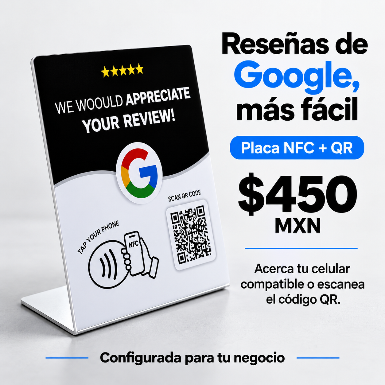 Placa blanca y negra para reseñas de Google, modelo NFC con código QR, precio de 450 pesos mexicanos.